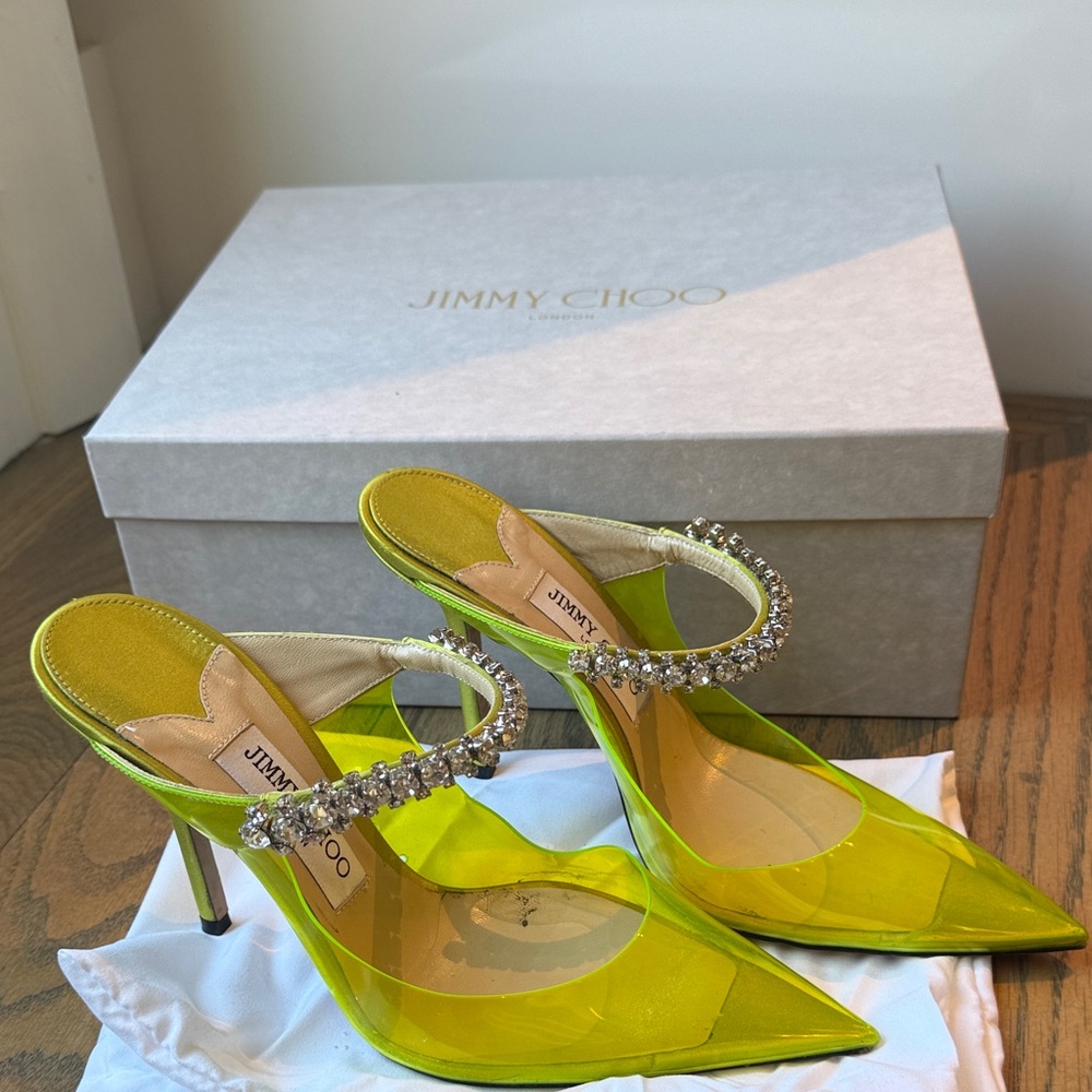 Jimmy Choo Neon Yellow PVC Crystal-Strap Mules